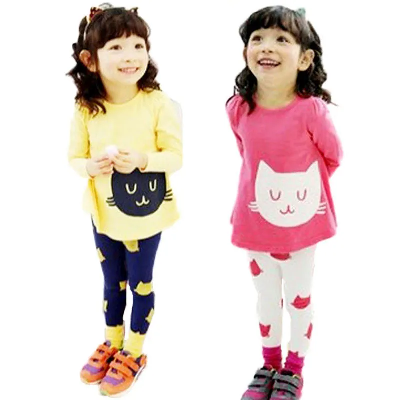 2pcs Baby Girls Cartoon Cat Long Sleeve Cotton Dress T ShirtPants Trousers 2-7YSM6