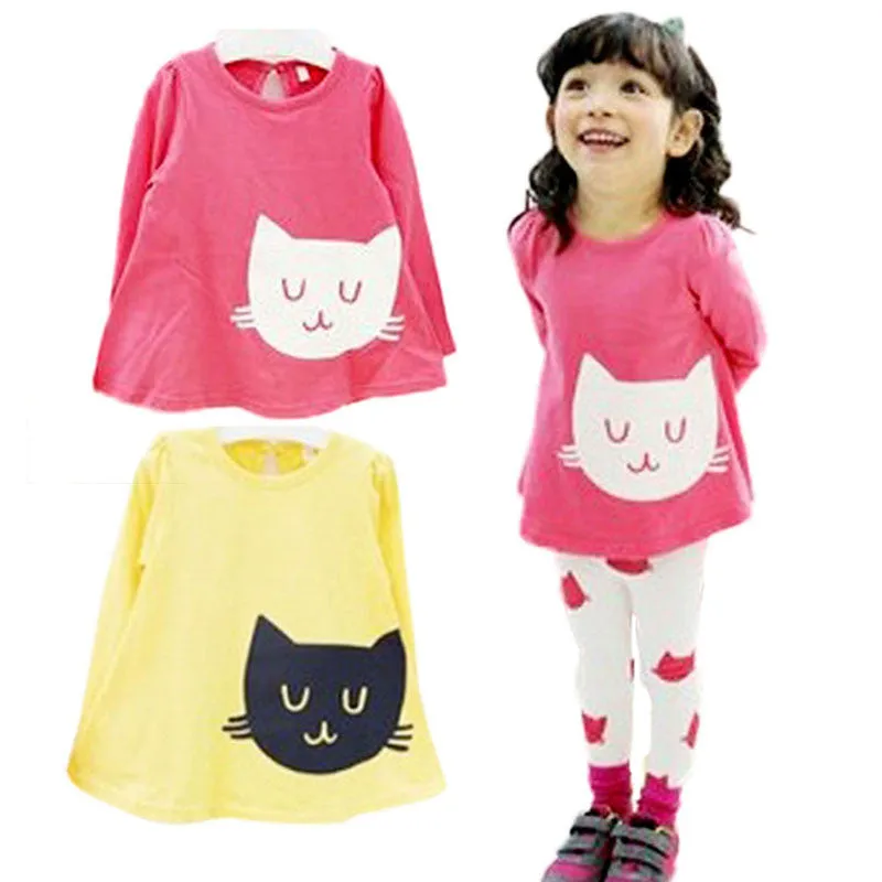 2pcs Baby Girls Cartoon Cat Long Sleeve Cotton Dress T ShirtPants Trousers 2-7YSM6