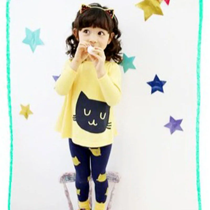 2pcs Baby Girls Cartoon Cat Long Sleeve Cotton Dress T ShirtPants Trousers 2-7YSM6