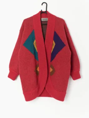 80s red longline cardigan with diamond design by Excel – Small / Medium