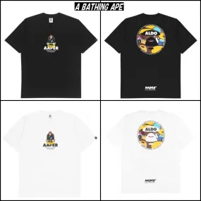 A BATHING APE  |Crew Neck Pullovers Collaboration Cotton Short Sleeves Logo