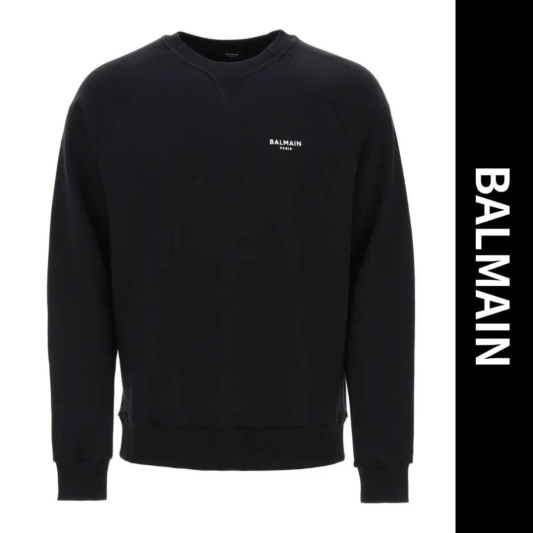 BALMAIN  |Crew Neck Pullovers Long Sleeves Plain Cotton Logo Luxury