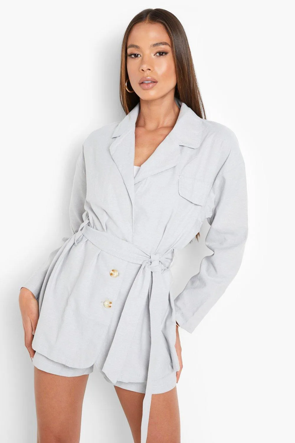 Belted Pocket Chambray Relaxed Blazer