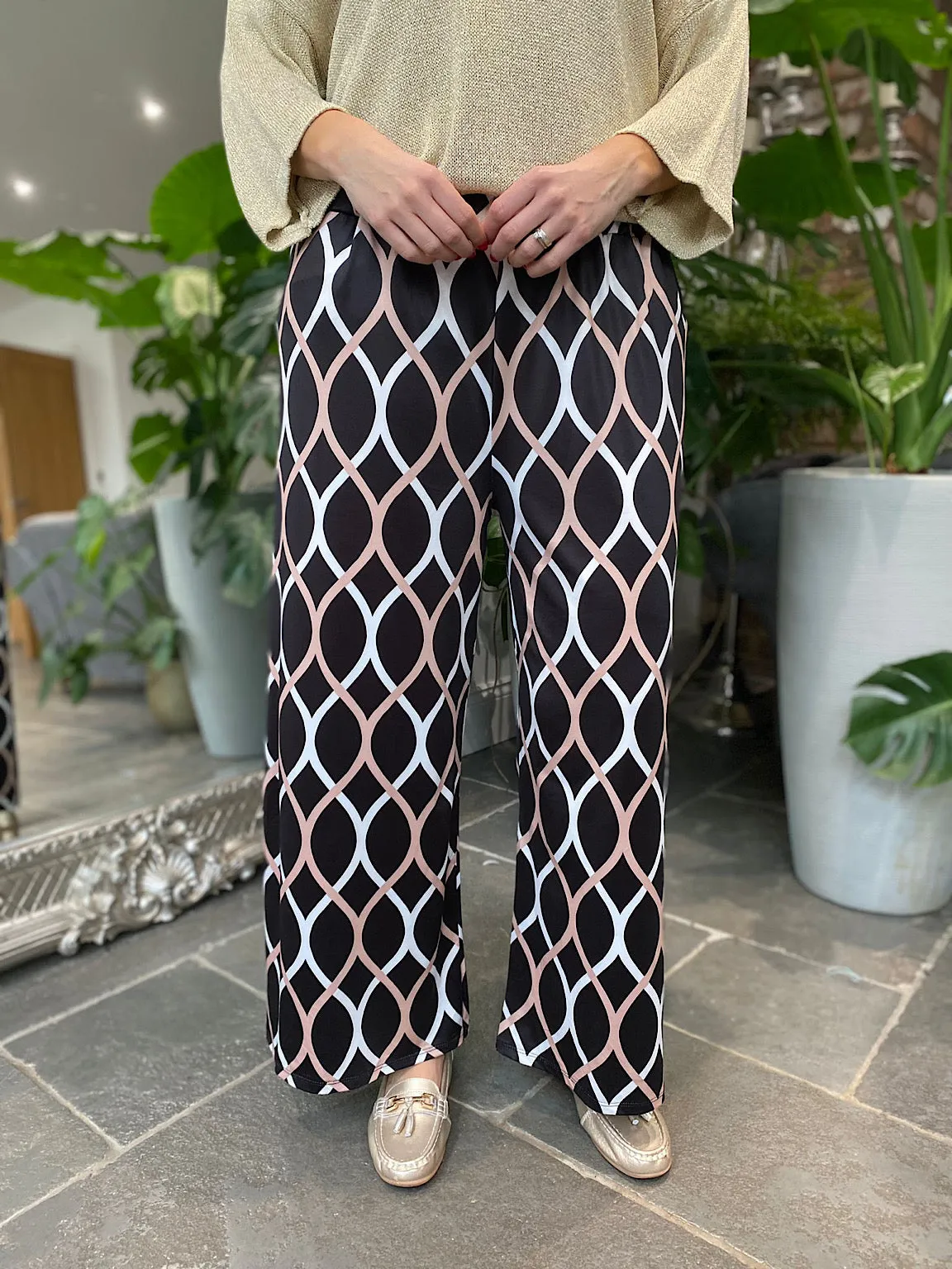 Black Patterned Wide Leg Trousers