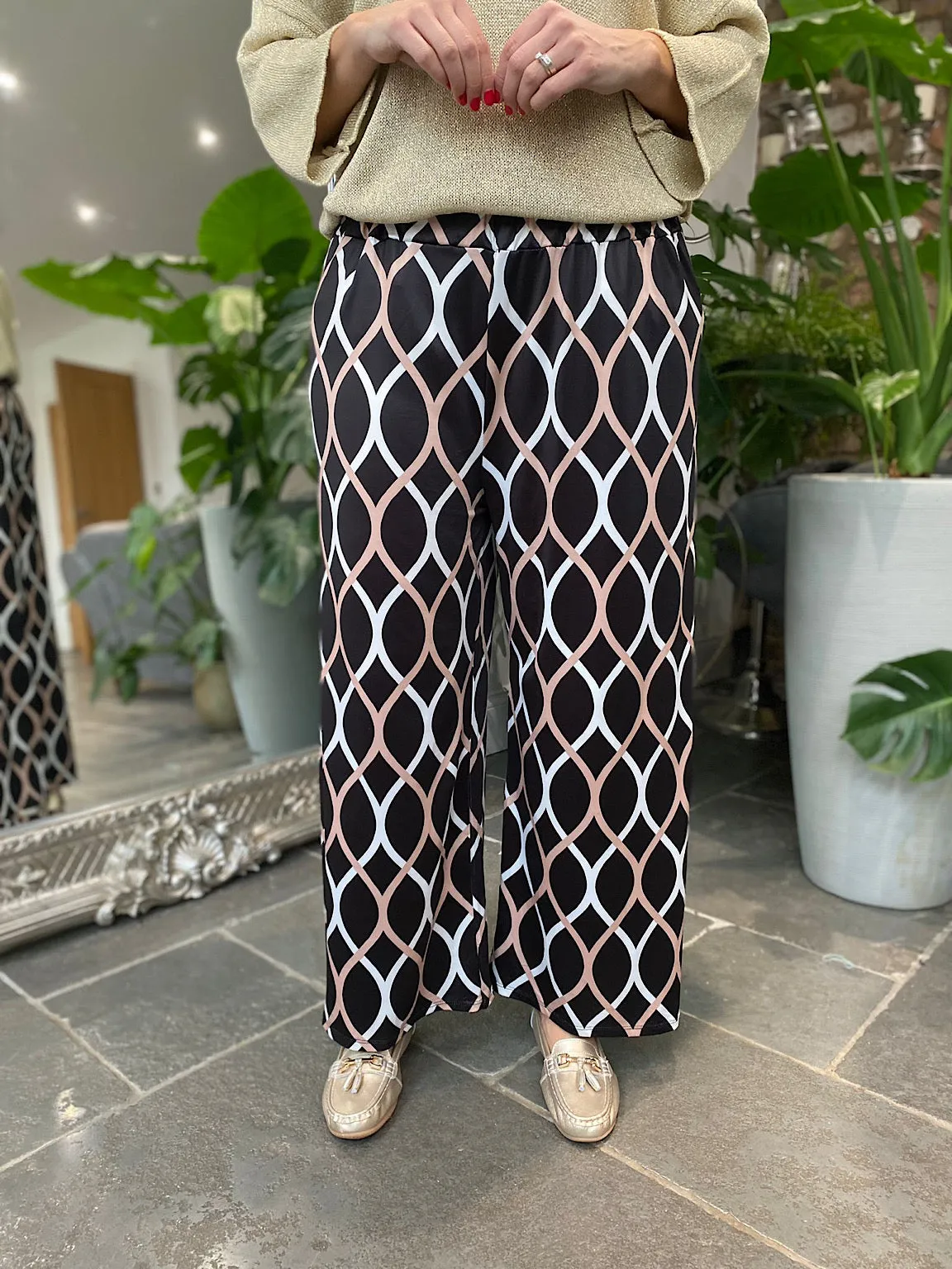 Black Patterned Wide Leg Trousers