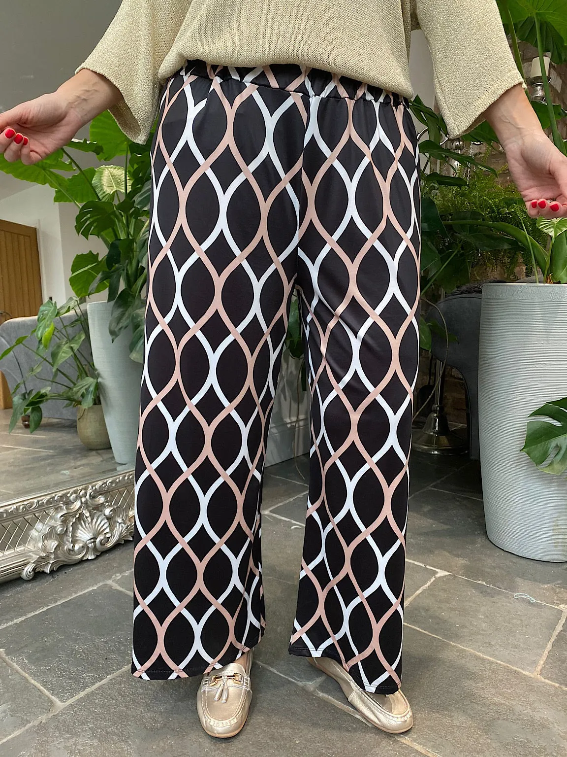 Black Patterned Wide Leg Trousers