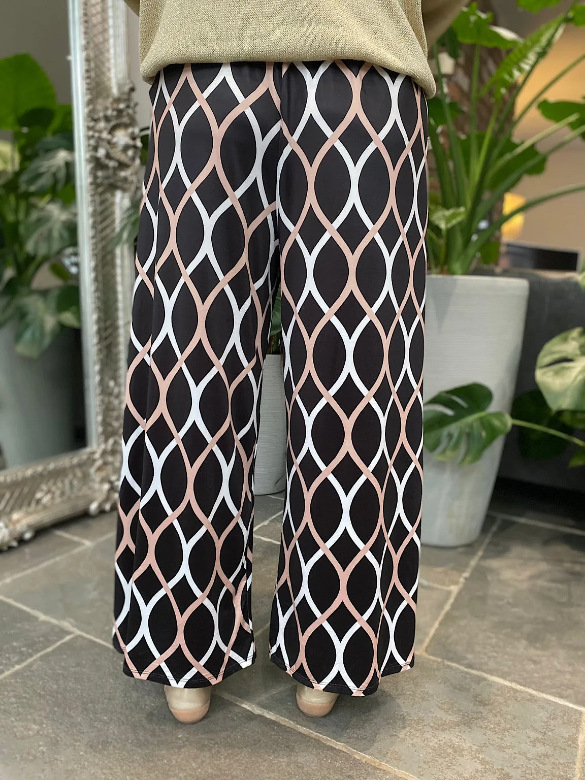 Black Patterned Wide Leg Trousers