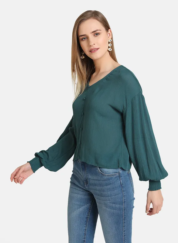 Button Down Top With Elasticated Hem Sleeves