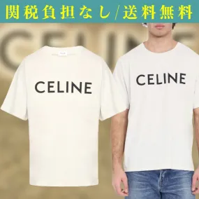 CELINE  |Crew Neck Pullovers Plain Cotton Short Sleeves Logo Luxury