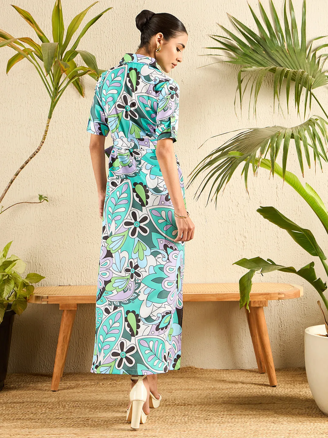 Collar Buttoned Down Printed Shirt Maxi Dress