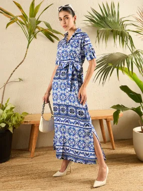 Collar Buttoned Down Printed Shirt Maxi Dress