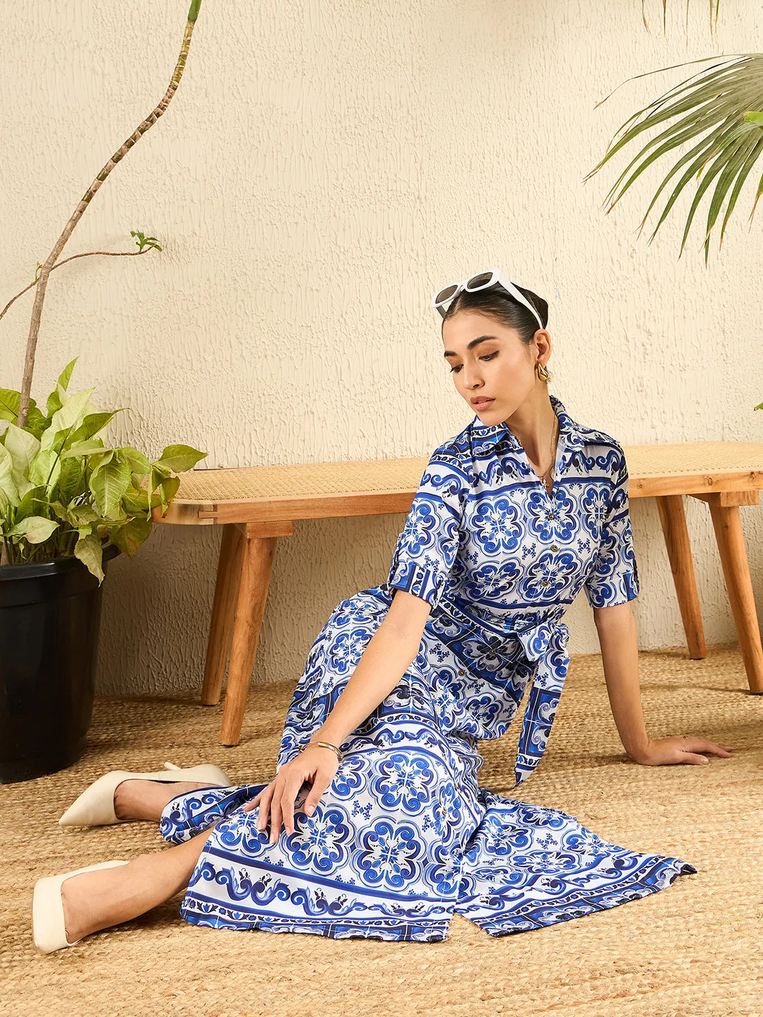 Collar Buttoned Down Printed Shirt Maxi Dress