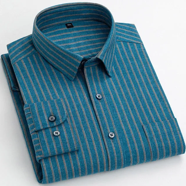 Cotton Square Collar Plaid Striped Standard Fit Long Sleeve Shirt for Men