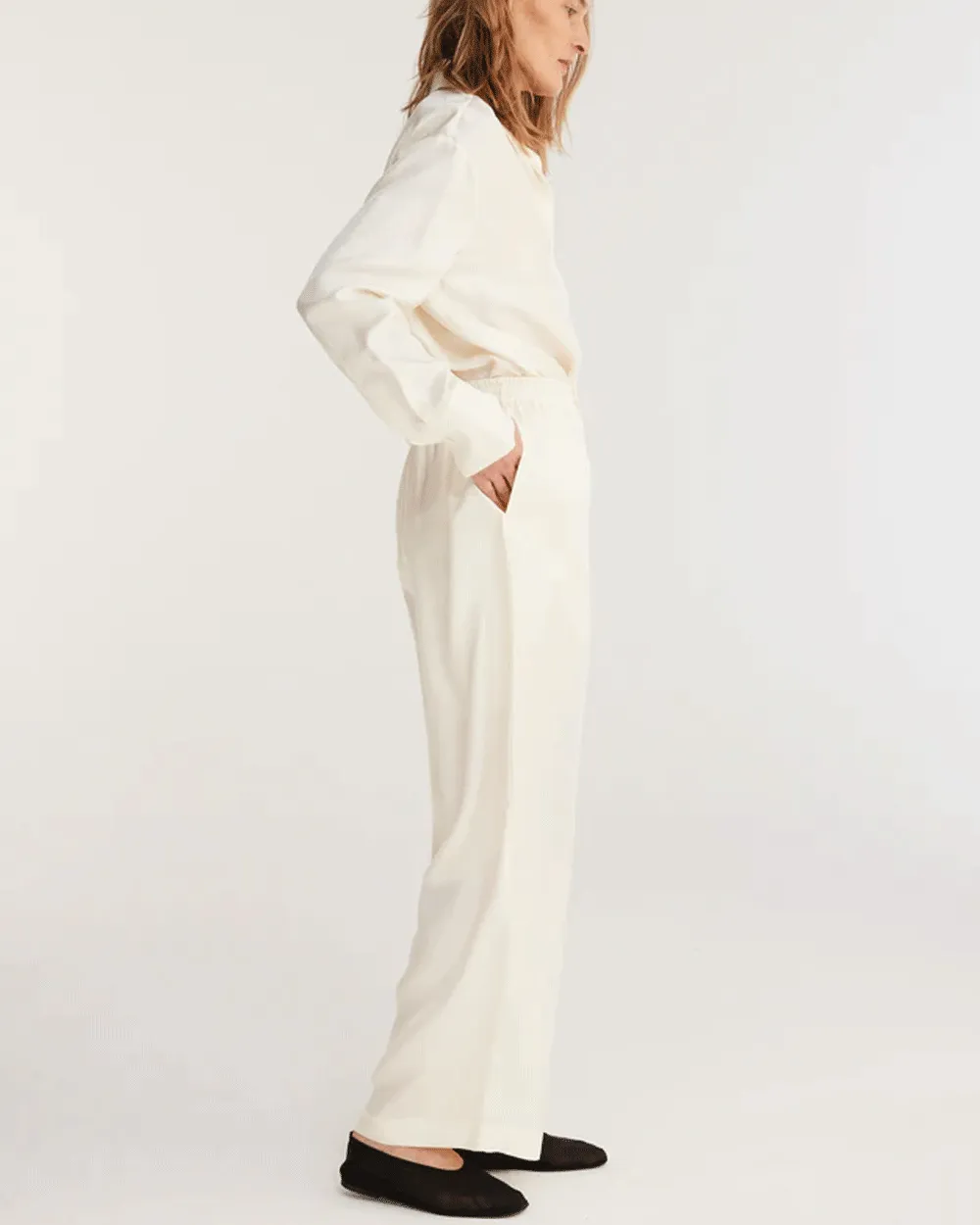 Cream Wide Leg Silk Trousers