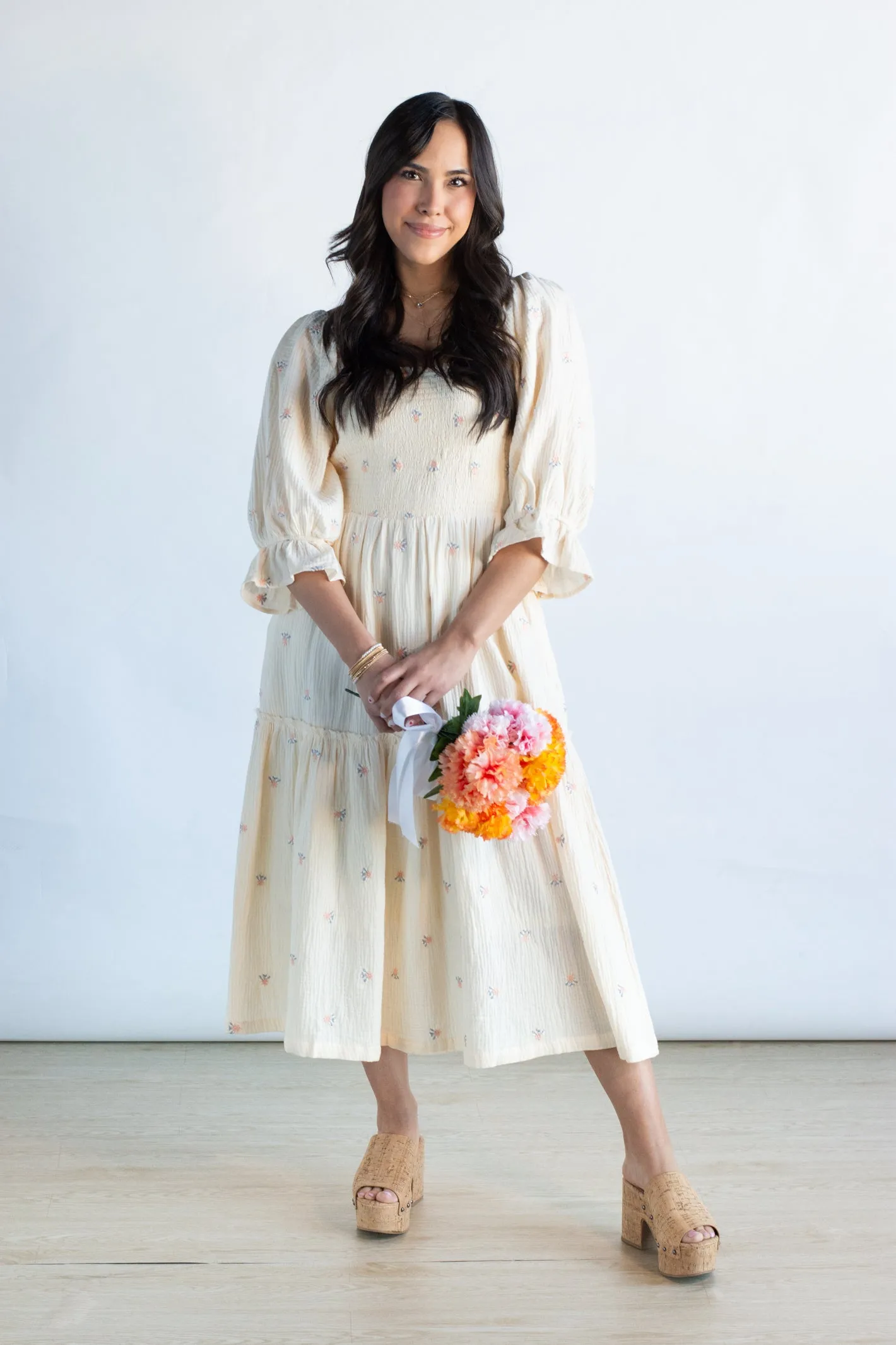 Creating My Own Sunshine Cream Embroidery Flower Maxi Dress