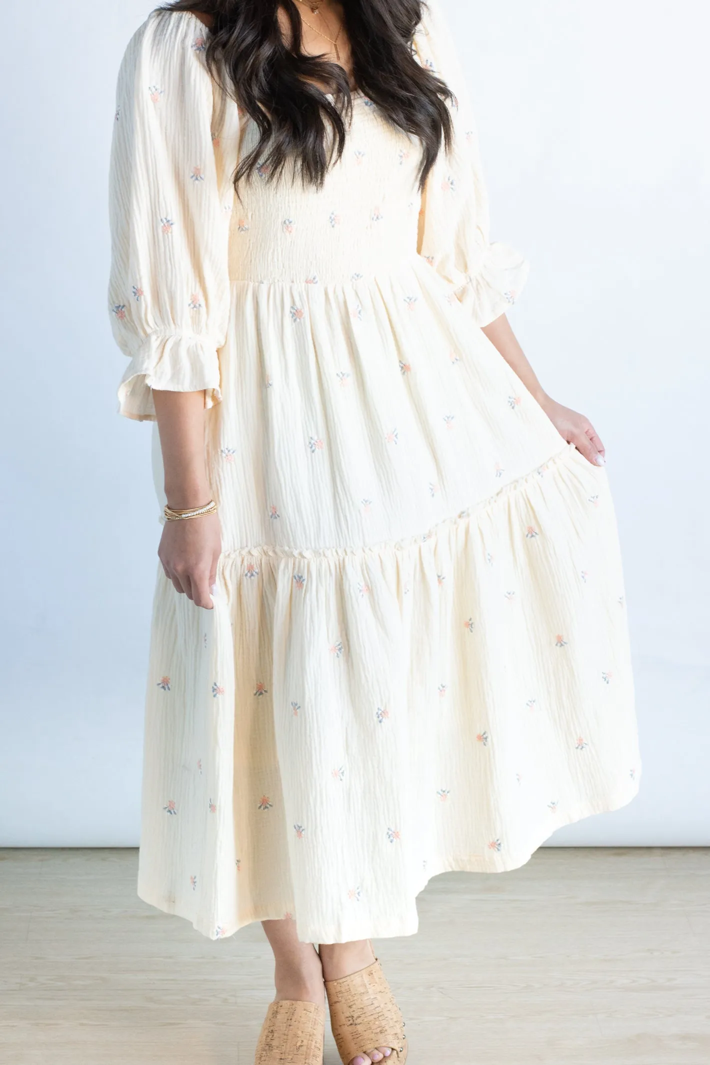 Creating My Own Sunshine Cream Embroidery Flower Maxi Dress