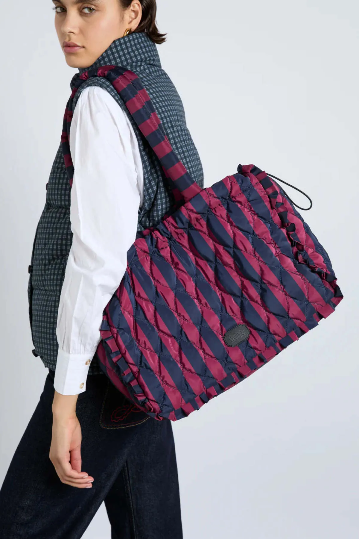 Damson Madder Frill Edge Ruched Tote Bag - Navy/Burgundy Stripe