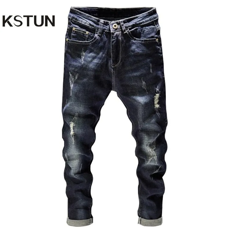 Dark Blue Slim Fit Distressed Jeans for Men - Broken Holes and Ripped with Hip Stretch