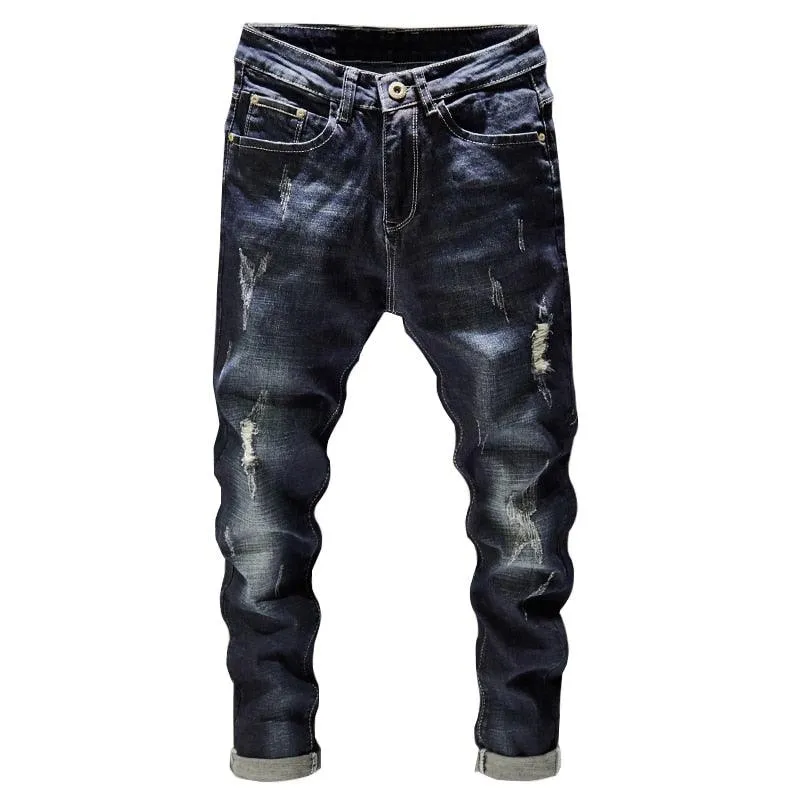 Dark Blue Slim Fit Distressed Jeans for Men - Broken Holes and Ripped with Hip Stretch