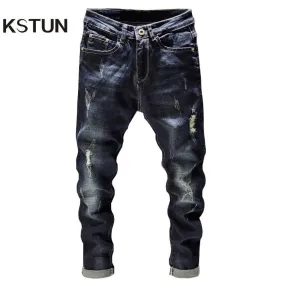 Dark Blue Slim Fit Distressed Jeans for Men - Broken Holes and Ripped with Hip Stretch