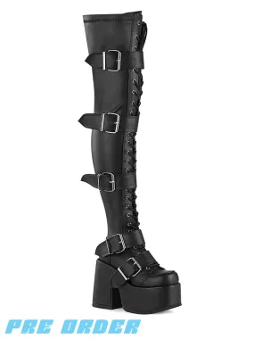 DEMONIA CAMEL-305 - BLACK STRETCH VEGAN LEATHER  PRE ORDER 