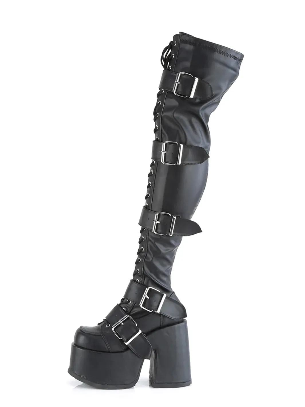 DEMONIA CAMEL-305 - BLACK STRETCH VEGAN LEATHER  PRE ORDER 