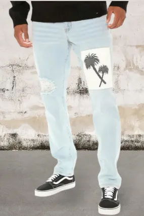 Denim blue palm tree patchwork jeans