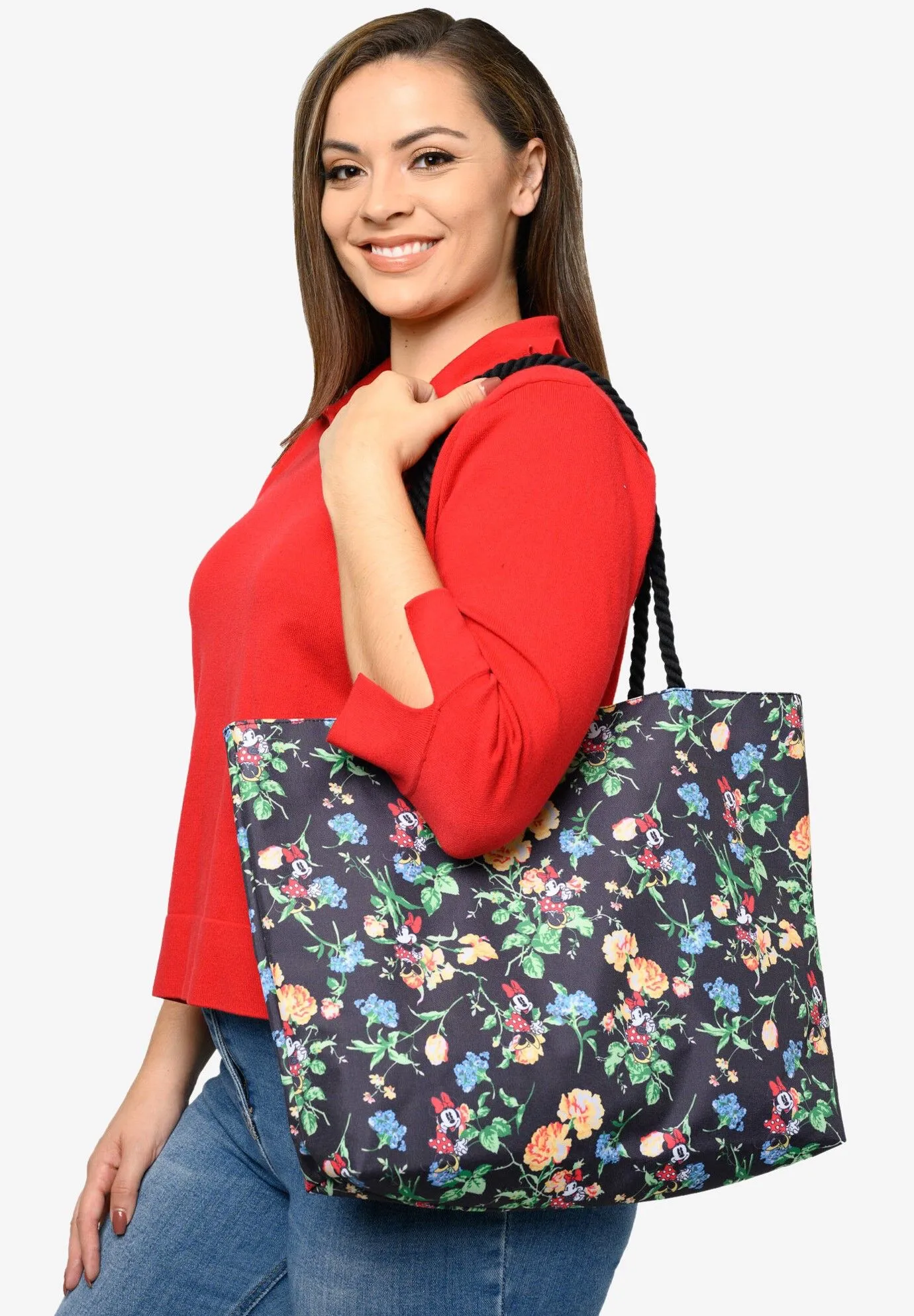 Disney Minnie Mouse Tote Bag Floral All-Over Print Rope Handles