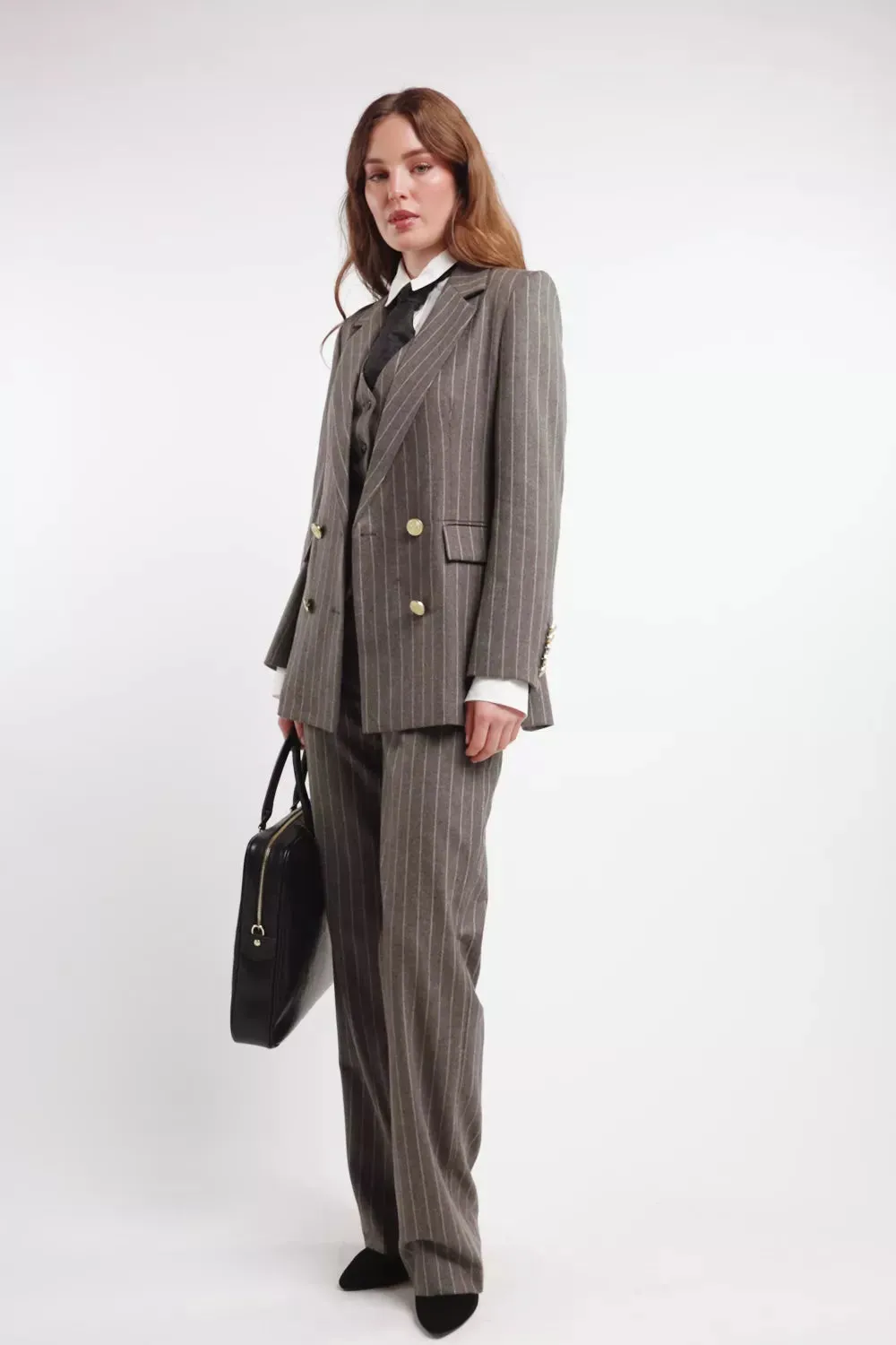 Double Breasted Blazer (Soft Grey Pinstripe)