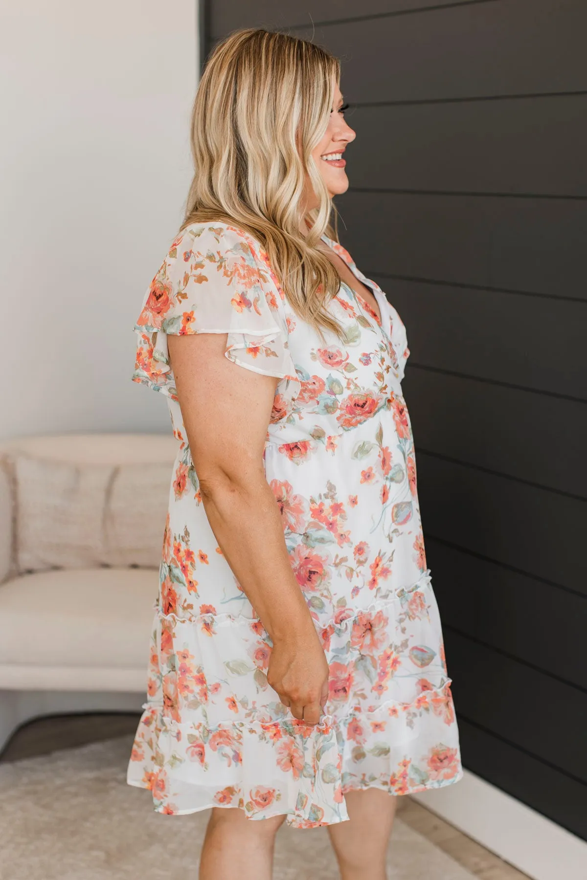 Down Memory Lane Floral Dress- Ivory & Coral