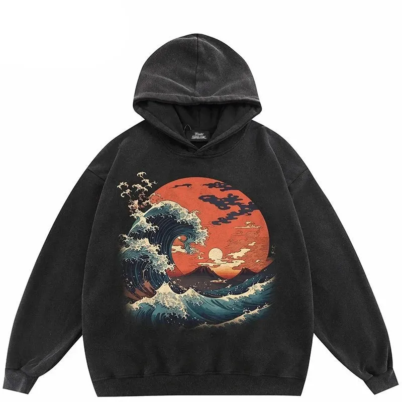 Dusty Color Full Moon With Wave Graphic Hoodie