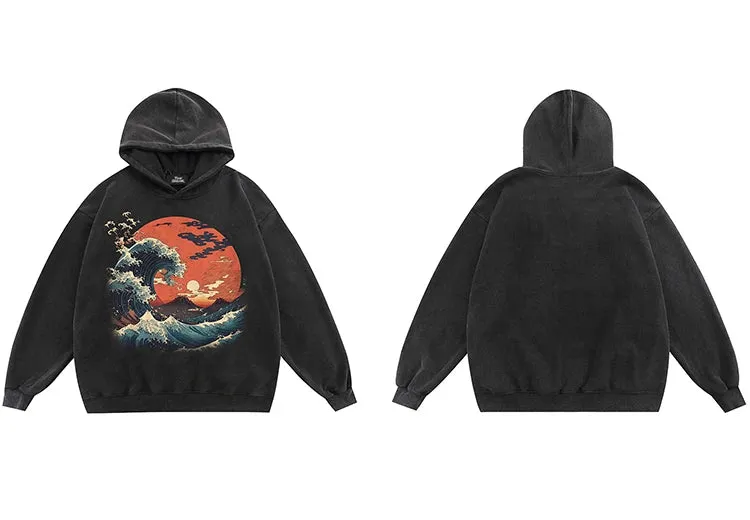 Dusty Color Full Moon With Wave Graphic Hoodie