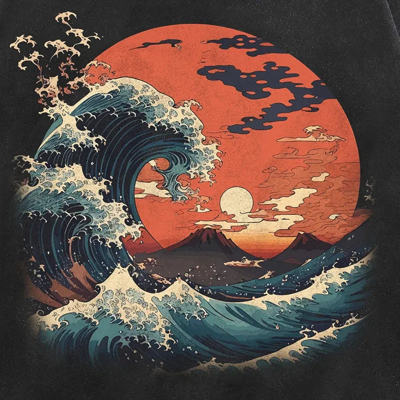 Dusty Color Full Moon With Wave Graphic Hoodie