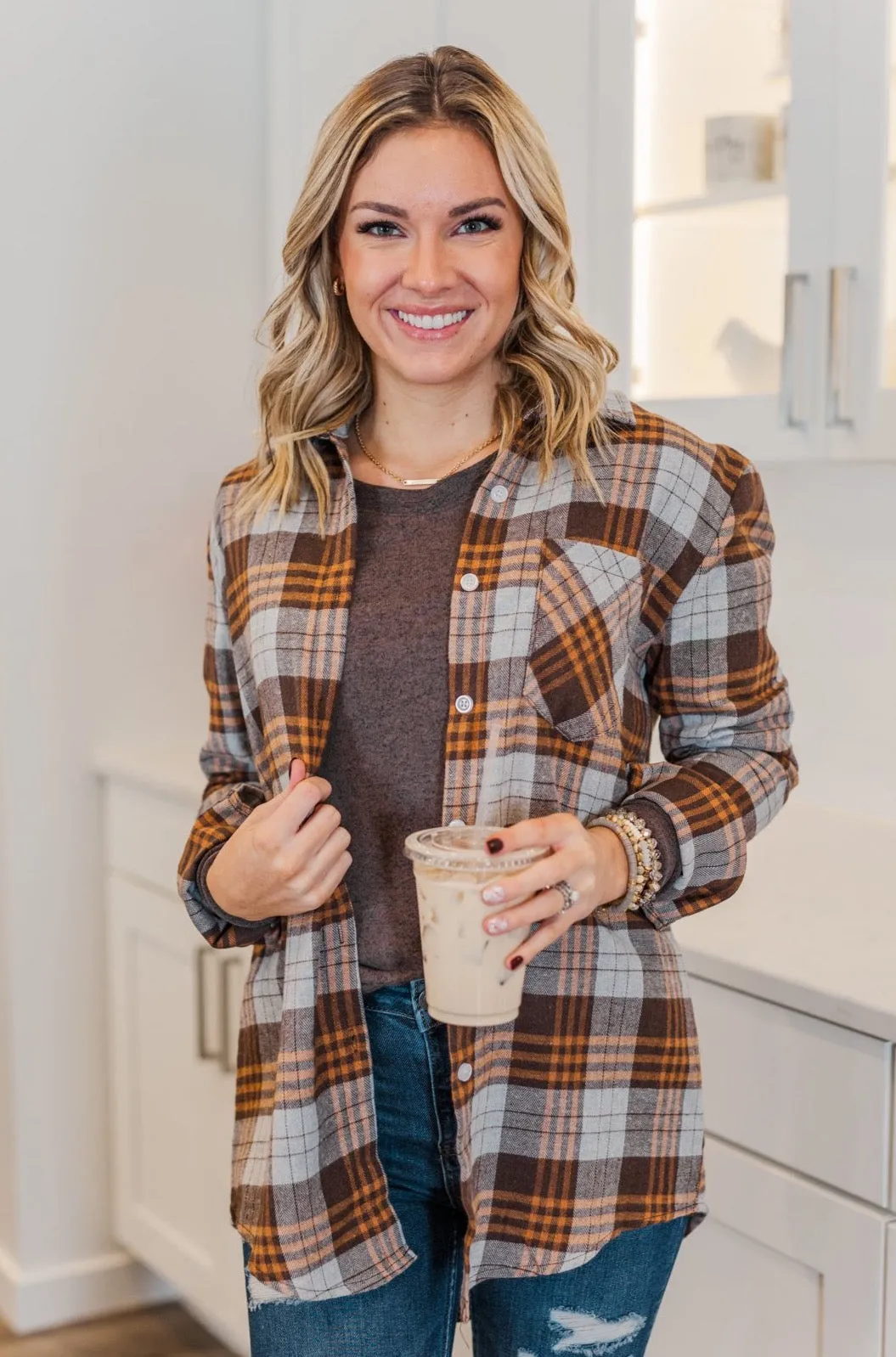 Falling For Your Smile Plaid Flannel- Grey & Brown