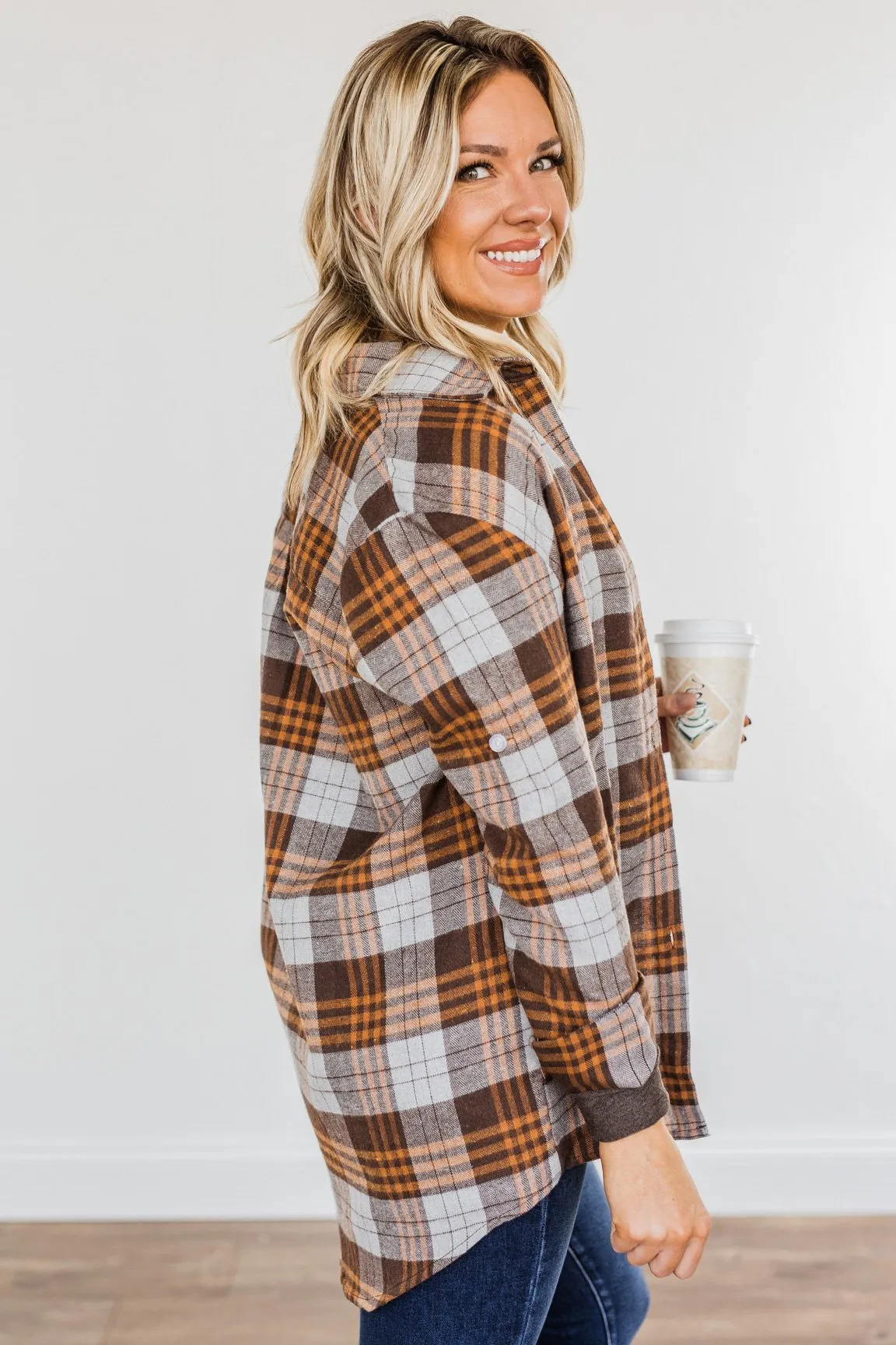 Falling For Your Smile Plaid Flannel- Grey & Brown