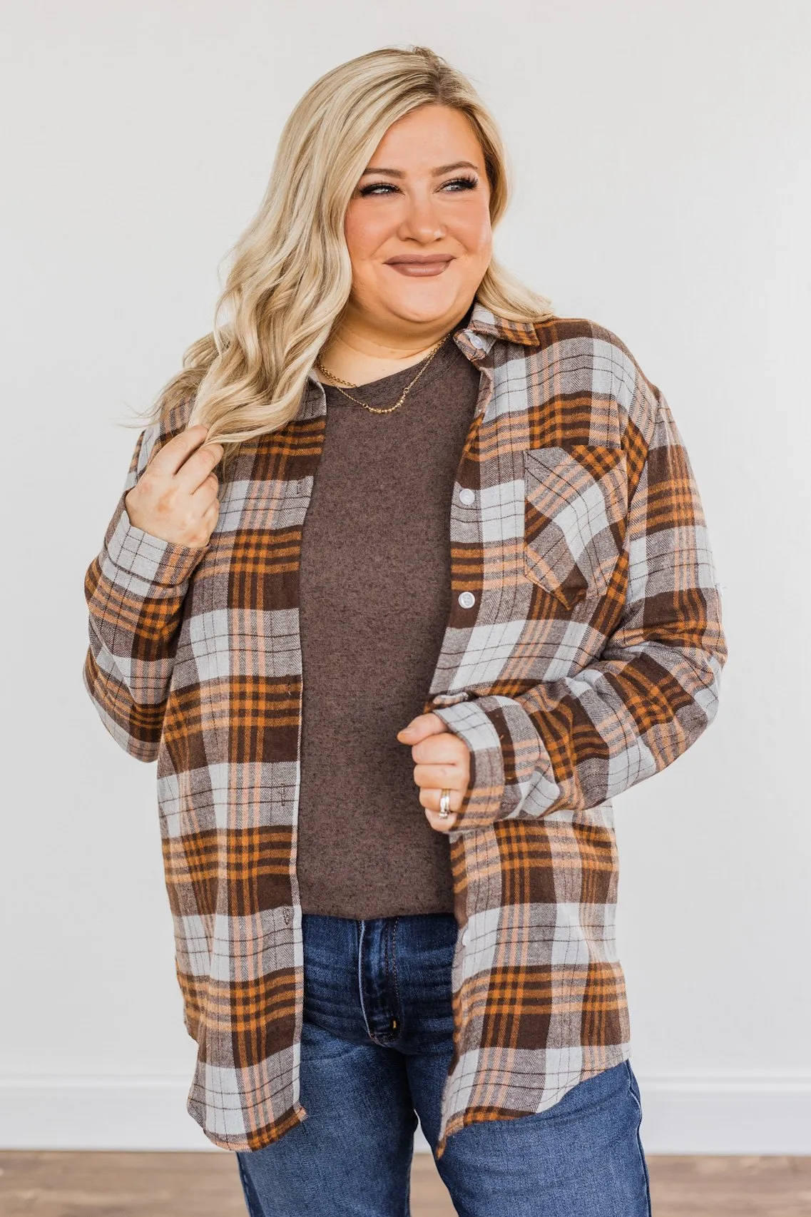 Falling For Your Smile Plaid Flannel- Grey & Brown