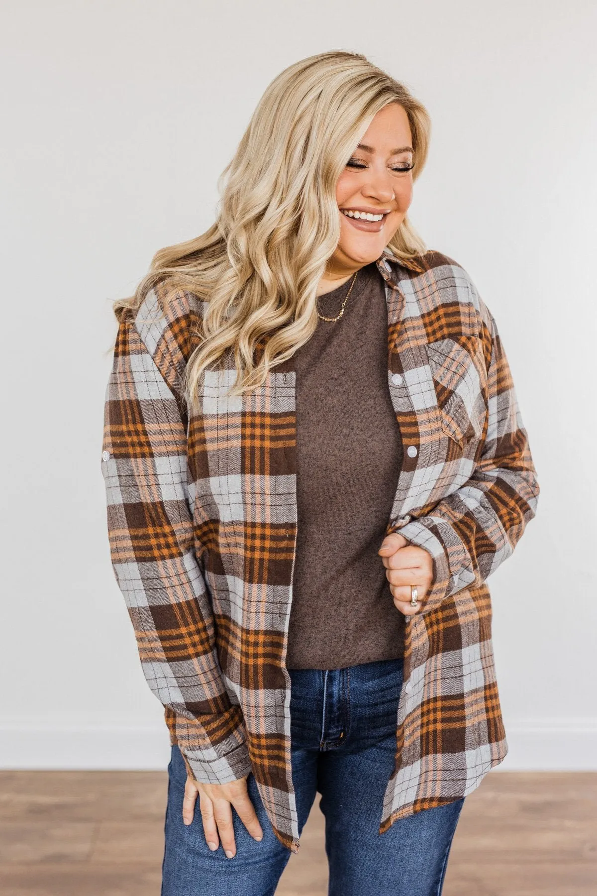 Falling For Your Smile Plaid Flannel- Grey & Brown