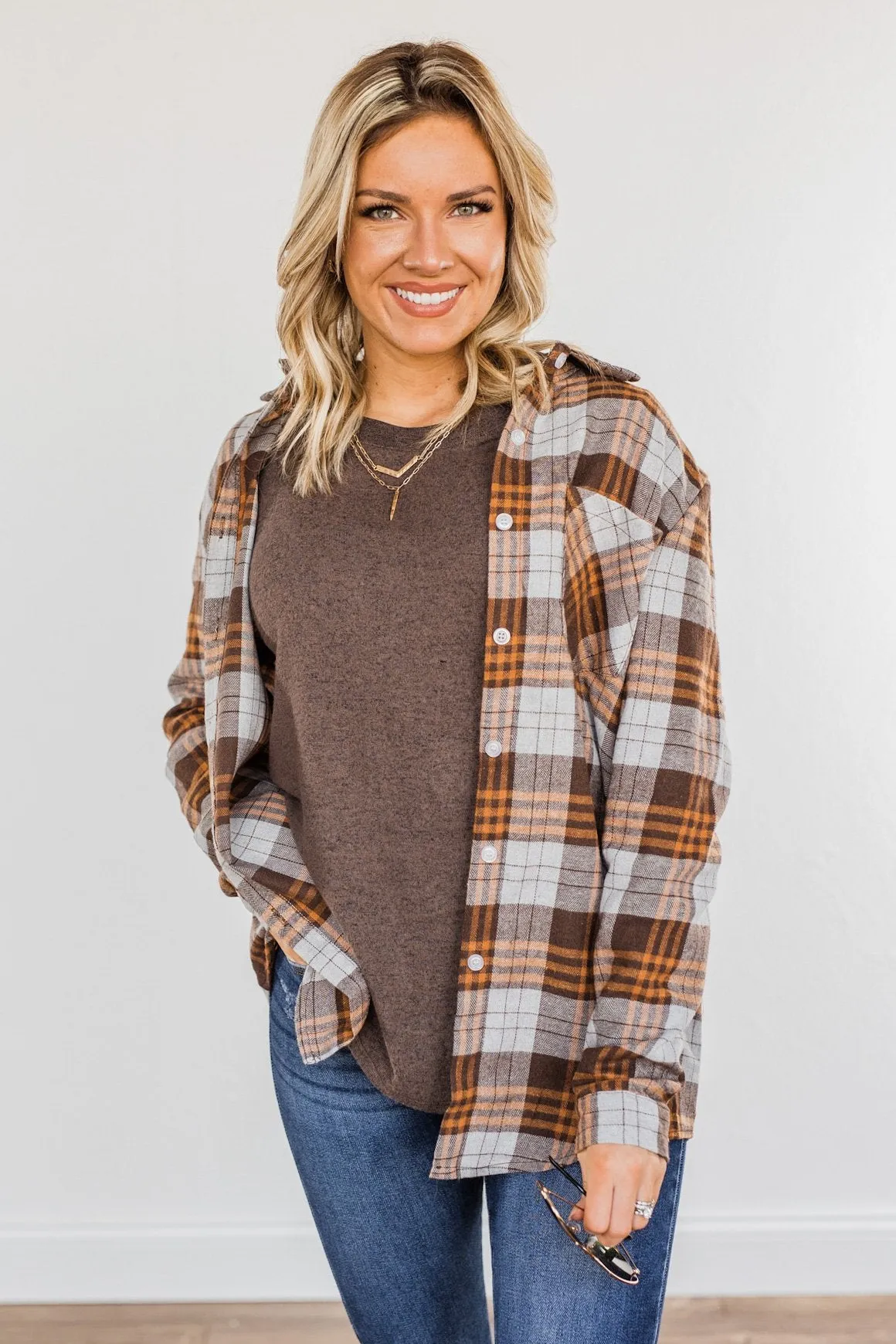 Falling For Your Smile Plaid Flannel- Grey & Brown