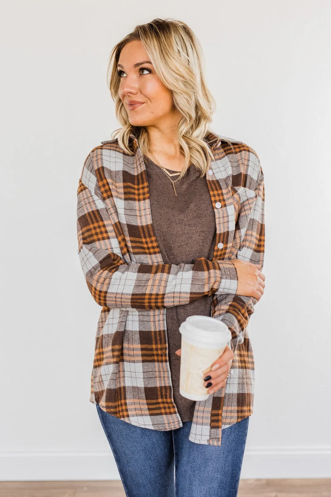 Falling For Your Smile Plaid Flannel- Grey & Brown