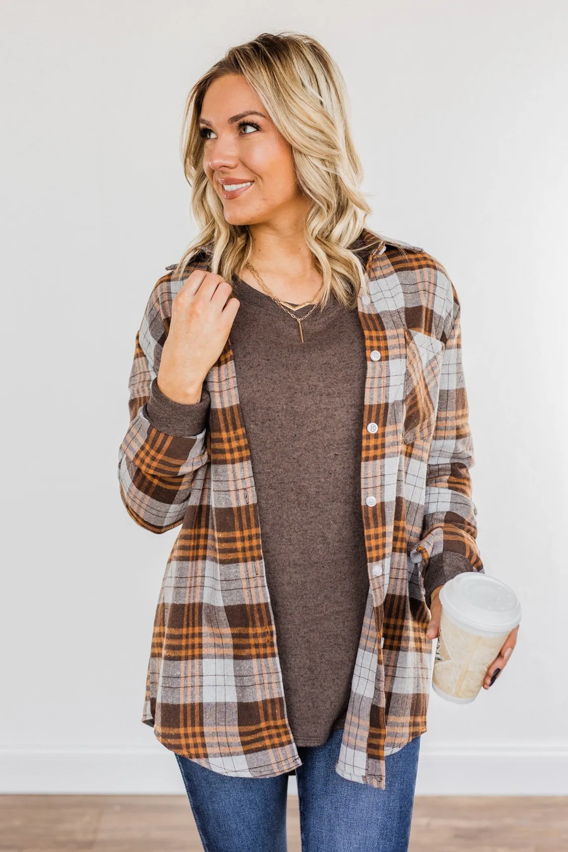 Falling For Your Smile Plaid Flannel- Grey & Brown