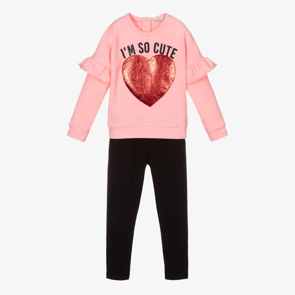 Girls Pink Heart Leggings Set