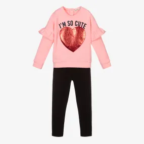 Girls Pink Heart Leggings Set