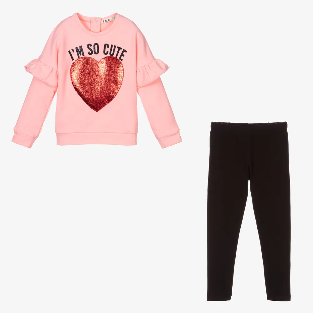 Girls Pink Heart Leggings Set