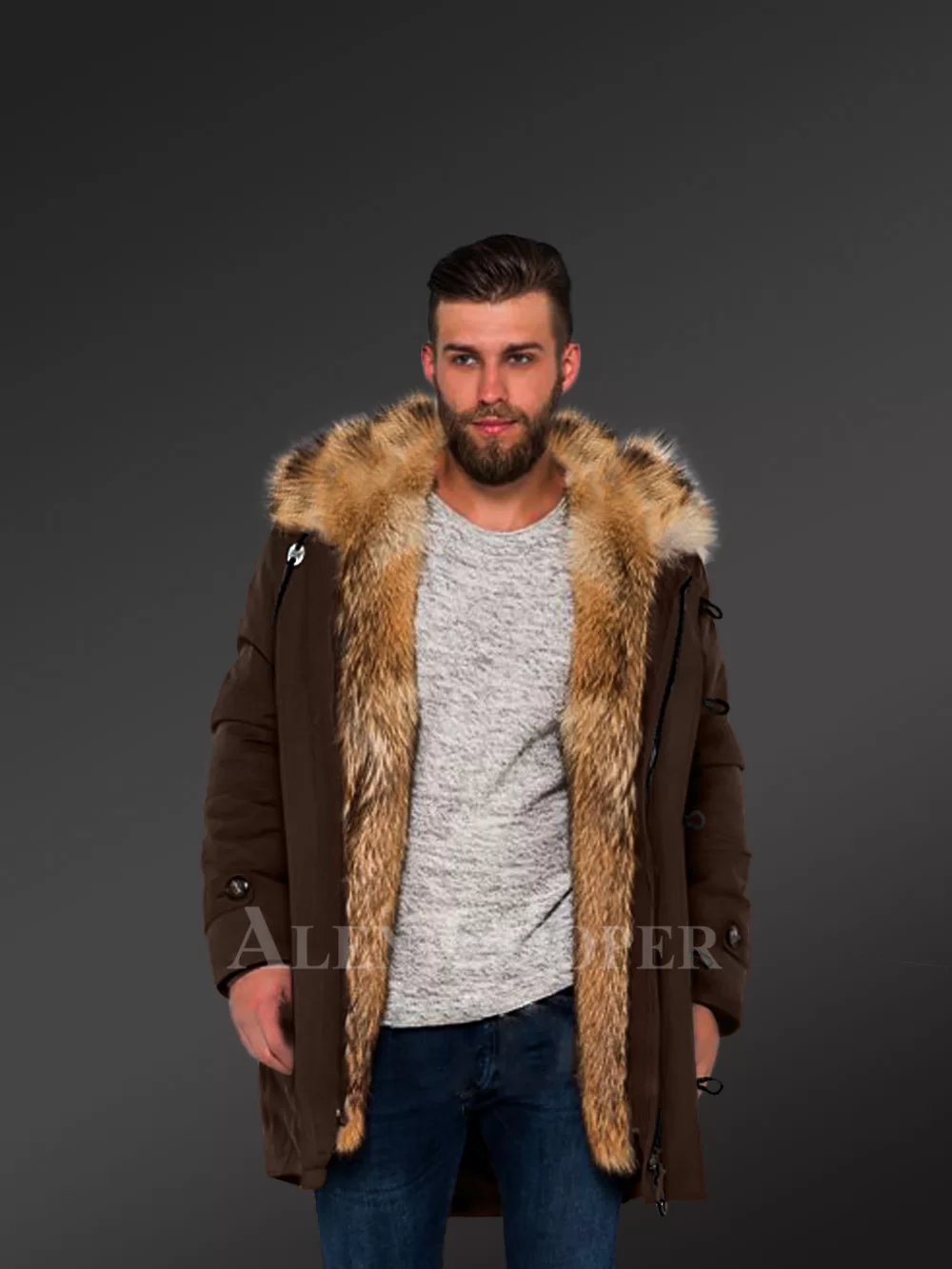 Golden Island Fox Fur Hybrid Coffee Parkas For Manly Style And Elegance