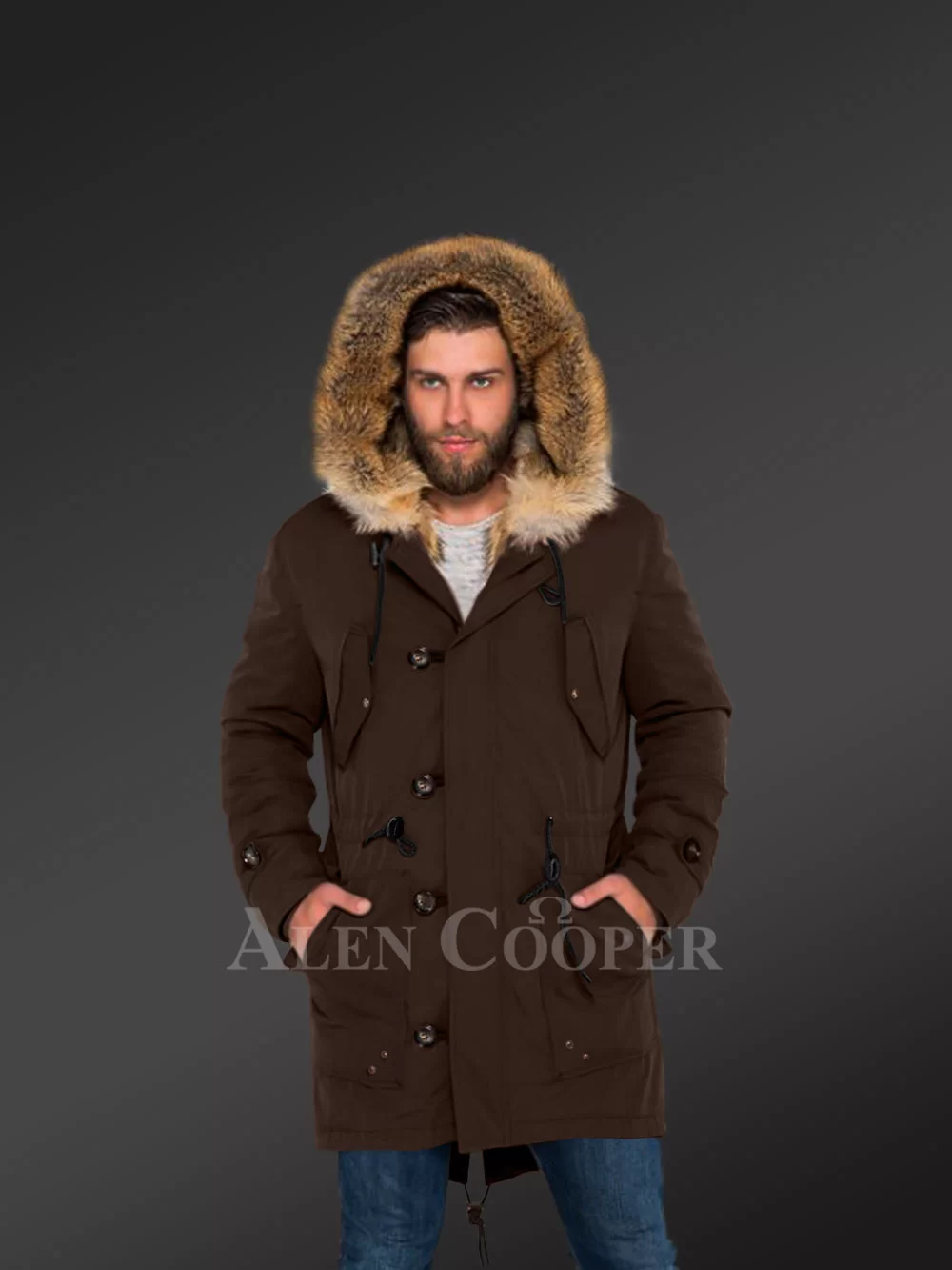 Golden Island Fox Fur Hybrid Coffee Parkas For Manly Style And Elegance