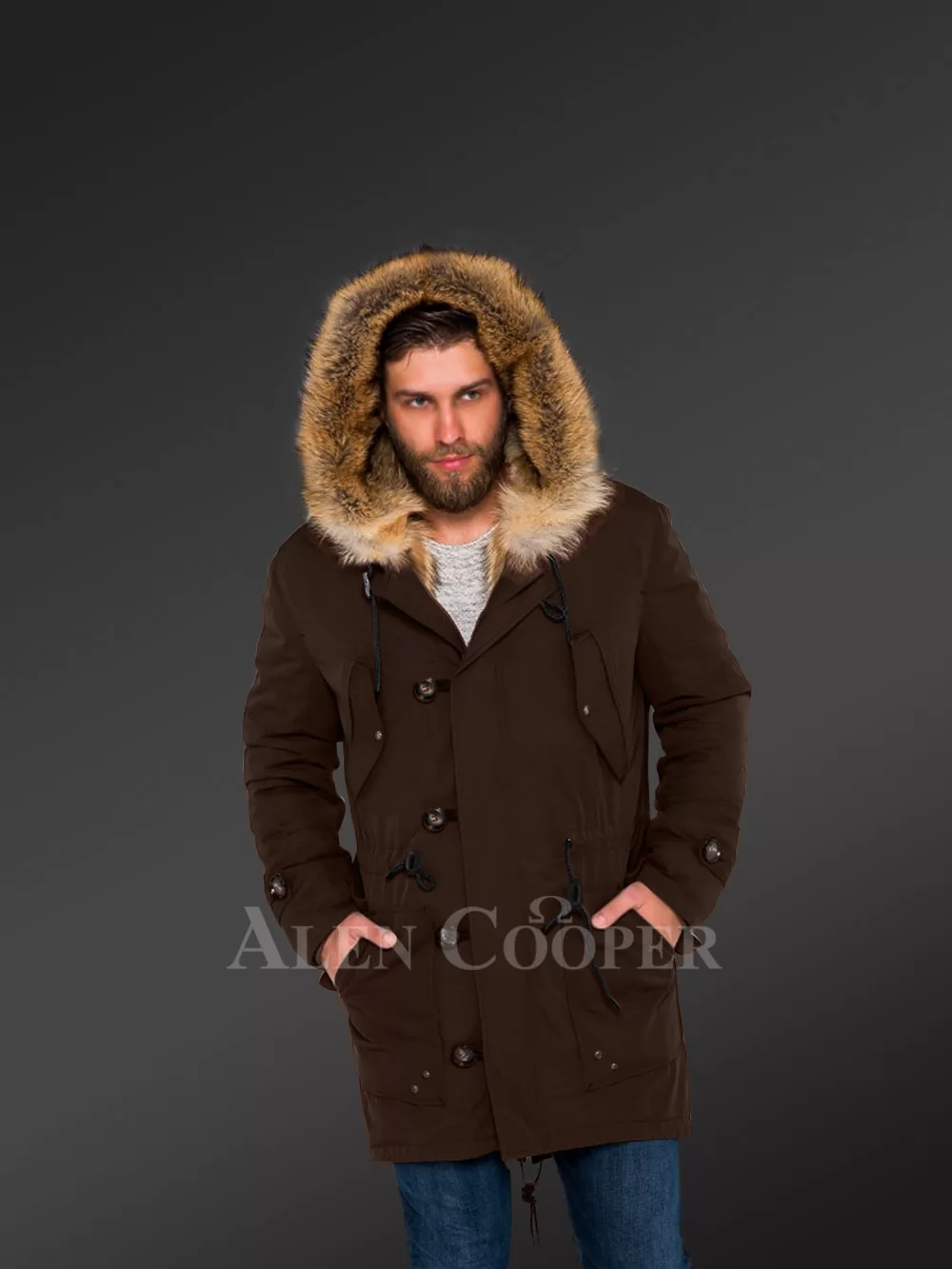 Golden Island Fox Fur Hybrid Coffee Parkas For Manly Style And Elegance