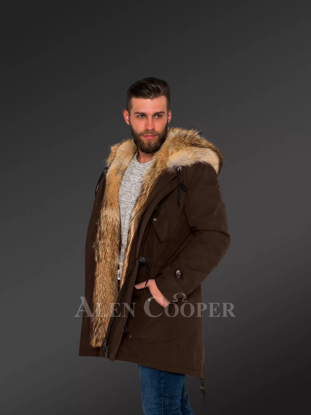 Golden Island Fox Fur Hybrid Coffee Parkas For Manly Style And Elegance