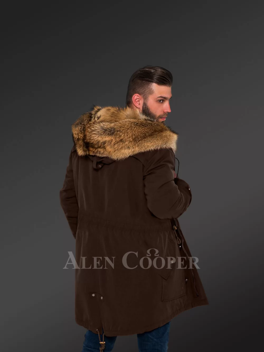 Golden Island Fox Fur Hybrid Coffee Parkas For Manly Style And Elegance