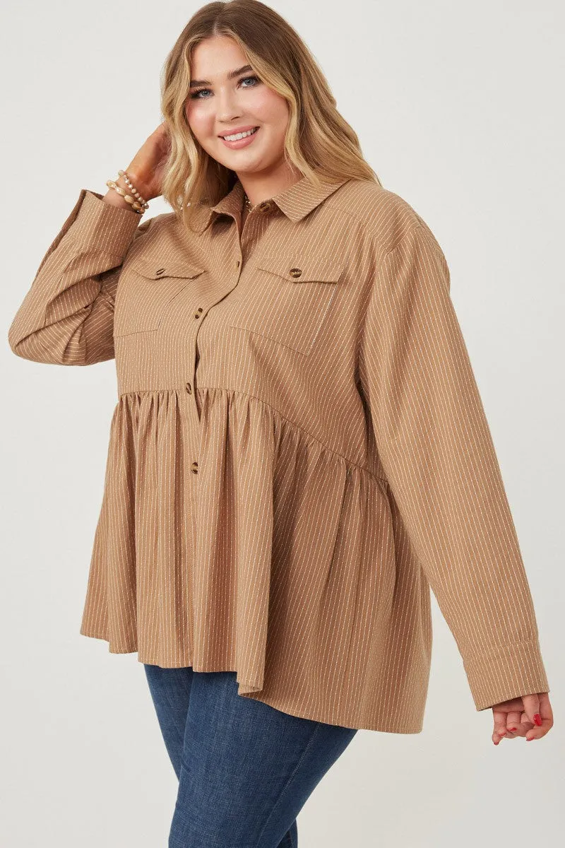 Hayden Long Sleeve Textured Pinstripe Peplum Button Up Shirt