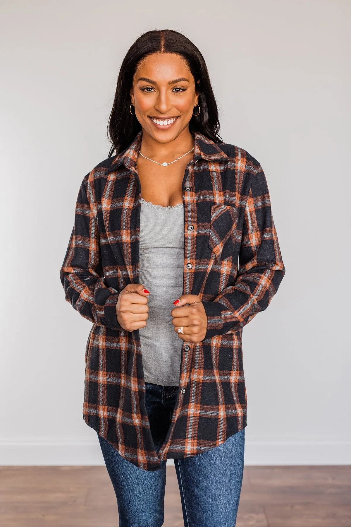 Hot Cocoa Dreams Plaid Flannel- Navy & Orange